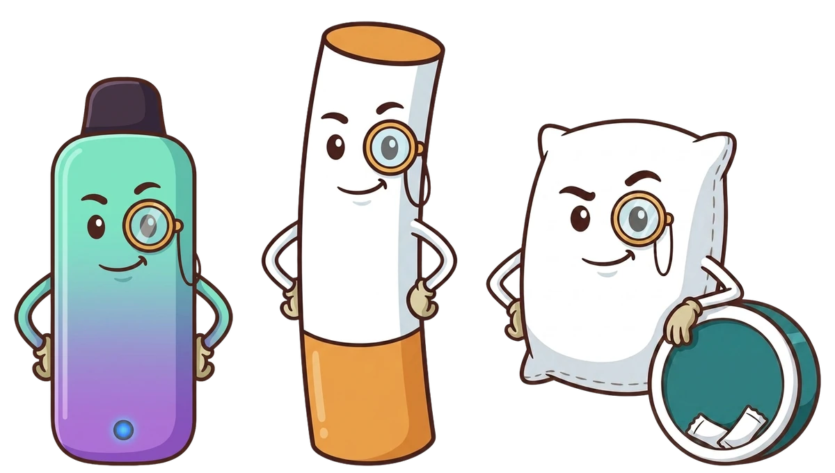Nik the villain as a vape, a cigarette and a nicotine pouch